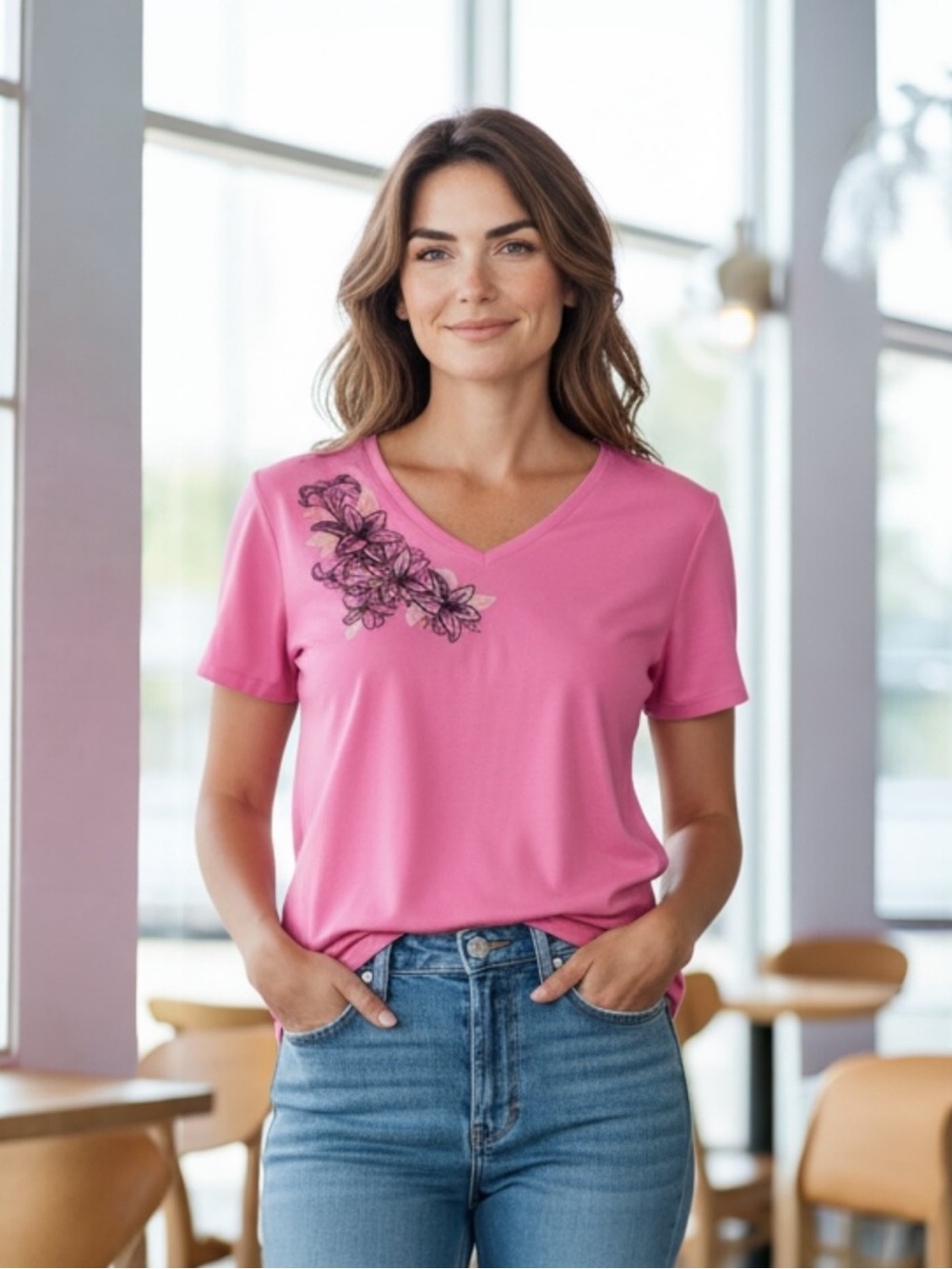 Coral Bay Pink Embellished Floral V-Neck Top Size Large Rhinestone Accent